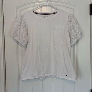 Tommy Hilfiger Women's White Eyelet Sleeve Tee Size Large